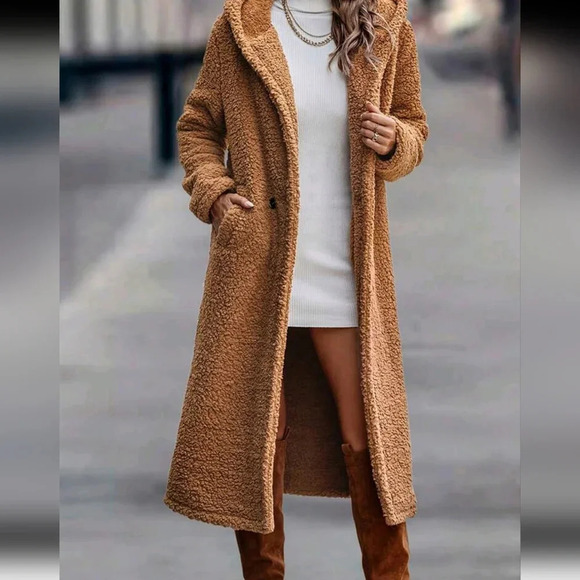 Coats Fuzzy Fleece Long Hooded Jackets Button Down Faux Fur Warm Outerwear - Picture 2 of 4